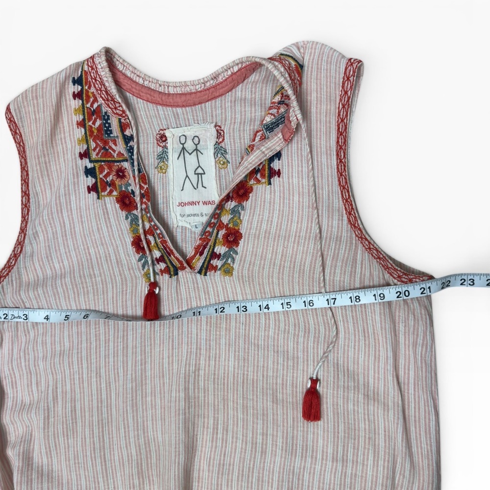 Johnny Was Pete & Greta Dress Large Pink Embroidered Striped Linen Cotton FLAW - Picture 5 of 9